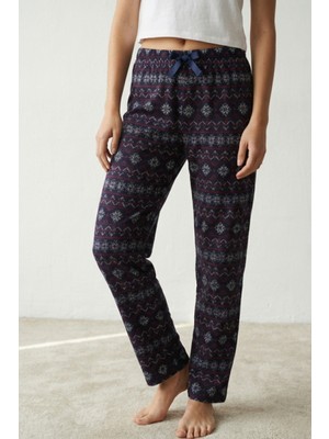 Elemge %100 Pamuk Desenli Kadın Pijama Altı Interlok Kumaş Rahat Kalıp Kurdeleli Lacivert Yılbaşı Temalı