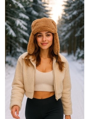 Yake Store  Beyaz Kürk Kulak Koruyuculu Kışlık Bere - Soğuk Havalar Için Sıcak Tutucu Aksesuar BERE1127 - Camel