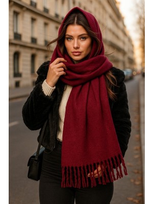 Yake Store  Yumuşak Dokulu Beyaz Püsküllü Kalın Şal - Sıcak Tutan Çok Amaçlı Aksesuar, Günlük ve Özel ! SAL1257 - Bordo