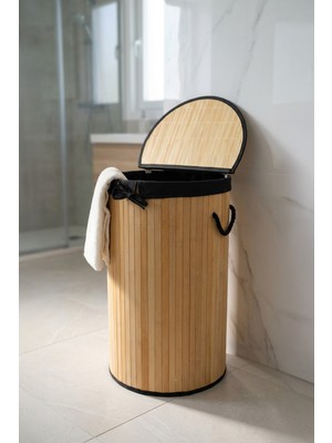 Digithome Bambu Yuvarlak Çamaşır Sepeti 55 L – Katlanabilir, Halat Kulplu, Kahverengi ve Şık Tasarım