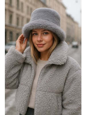 Yake Store  Bordo Kalın Peluş Kalpak Şapka Bere - Sıcak Tutan Şık Dış Mekan Soğuktan Koruma SPK1143 - Griii