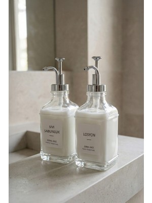 Digithome 2’li Cam Sıvı Sabun ve Losyon Etiketli Gümüş Tıpalı Deterjan Şişesi Sabunluk 500 ml - 2112020-S C1-1-289