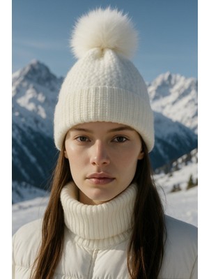 Yake Store  Ponponlu Beyaz Içi Yünlü Ithal Bere BERE1136 - Beyaz