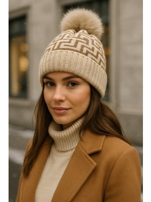 Yake Store  Kadın Bej Desenli Ponponlu Yünlü Bere BERE1144 - Bej