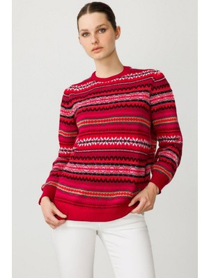 Desen Triko Kadın Sıfır Yaka Komple Jakarlı Yün Kazak K.kırmızı