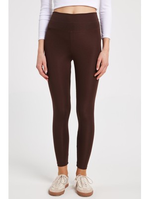 Tudors Kadın Slim Fit Dar Kesim Scuba Kumaş Beli Lastikli Kahverengi Tayt