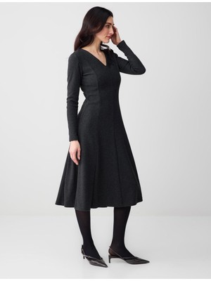 Jimmy Key Antrasit Melanj V Yaka Yumuşak Dokulu Örme Midi Elbise