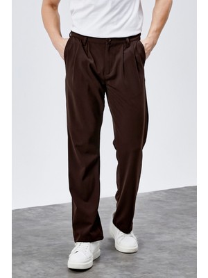 Hlt Jeans Erkek Kahverengi Çift Pileli Rahat Kesim Beli Lastikli Bol Paça Baggy Pantolon ALBERT-1992