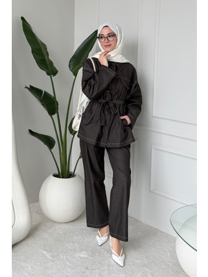 Tesettür Diyarı Bovon Denim Ceket Pantolon Tesettür Takım- Acı Kahve