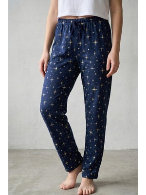Elemge %100 Pamuk Desenli Kadın Pijama Altı Interlok Kumaş Rahat Kalıp Indigo Cepsiz Kurdeleli Yıldız Baskılı