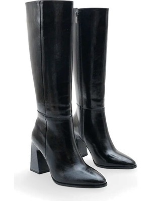 Kindep Demi Kalın Topuklu Fermuarlı Kadın Çizme Siyah