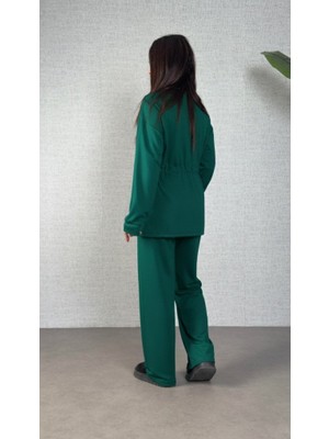Serac Collection Kadın Uzun Kollu Bisiklet Yaka Belden Büzgülü Bağcıklı Viskon Iki Iplik Bluz ve Pantolon Ikili Takım