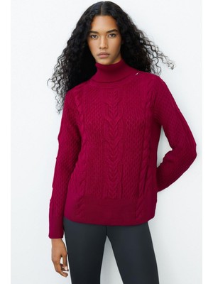 Desen Triko Kadın Tam Balıkçı Yaka Saç Örgü Yün Kazak V.çürüğü