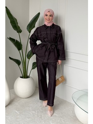 Tesettür Diyarı Bovon Denim Ceket Pantolon Tesettür Takım- Mürdüm
