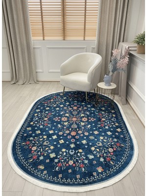 Brillant Lacivert Blue Floral Vintage Lateks Taban Halı