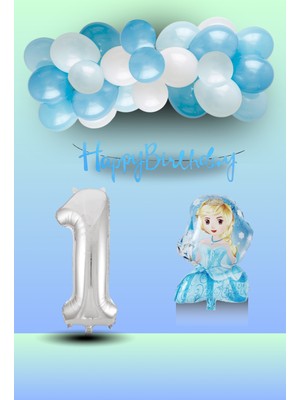 Tedaks Frozen Tema Prenses Folyo Balon Mavi Beyaz Balon Gümüş Rakam Mavi Banner Doğum Günü Seti