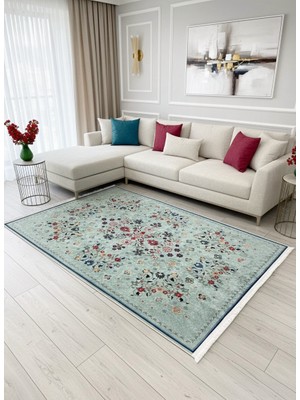 Brillant Yeşil Renk Çiçek Desenli Vintage Lateks Taban Halı