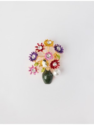 Jimmy Key Karışık Çiçek Figürlü Parlak Taşlı Incili Broş