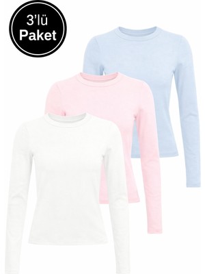 Rich Kadın Pembe-Beyaz-Mavi 3'lü Paket Bisiklet Yaka Esnek Kumaşlı Vücuda Oturan Slim Fit Uzun Kollu Crop Body