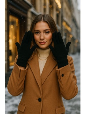 Yake Store  Unisex Ekru Örme Eldiven ELD01 - Siyah