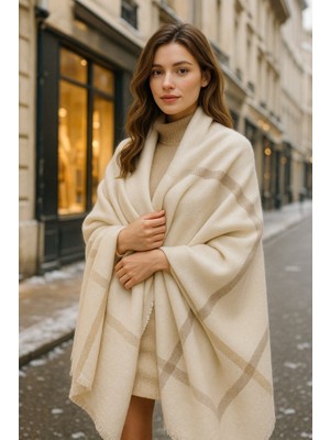 Yake Store  Kadın Siyah Desenli Atkı - Şal 70X180 SAL1234 - Ekru