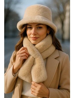 Yake Store  Ithal Kırmızı Peluş Şapka ve Atkı Seti - Premium Yumuşak, Sıcak Tutan Kış Aksesuarları SET02 - Bej