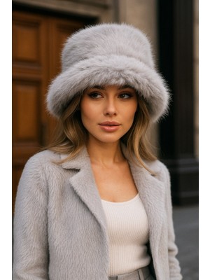 Yake Store  Peluş Ayarlanabilir Vizon Bucket Kalpak Şapka-Bere SPK1142 - Gri