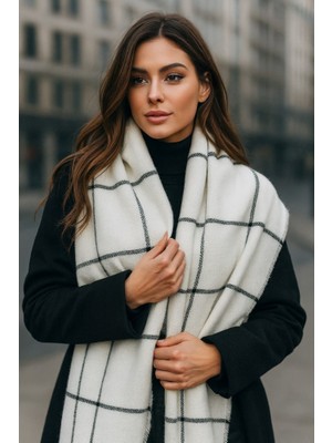 Yake Store  Kadın Ekru Kare Desenli Atkı - Şal 70X180 cm SAL1210 - Ekru