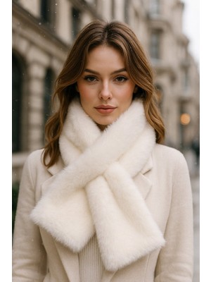 Yake Store  Ithal Sıcak Tutucu Yumuşak Pembe Peluş Atkı - Şık ve Konforlu Premium Boyunluk Aksesuarı BYN01-1 - Ekru