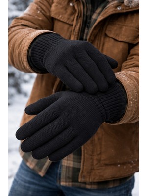 Siyah Erkek Çift Kat Triko Eldiven – Soğuk Hava Için Sıcak ve Konforlu