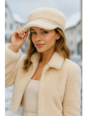 Yake Store  Ekru Kalın Tüylü Kışlık Şapka Sıcak Tutan Pofuduk Kürk Dokulu Aksesuar SPK1128 - Bej