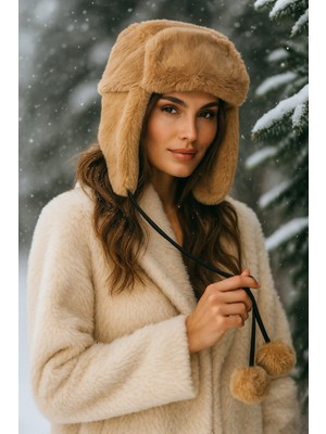 Yake Store  Kadın Siyah Ponponlu Kürklü Kulaklıklı Peluş Şapka Bere BERE1103 - Camel