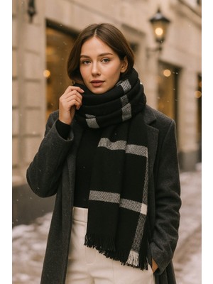 Yake Store  Kadın Siyah Desenli Atkı - Şal 70X180 SAL1234 - Siyah