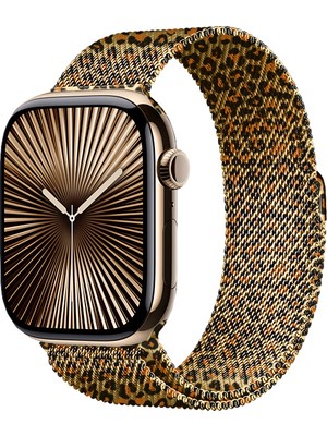 Dexmon Apple Watch 11 10 42MM 9 8 7 6 Se Uyumlu 38 40 41MM Leopar Desenli Mıknatıslı Metal Hasır Kordon