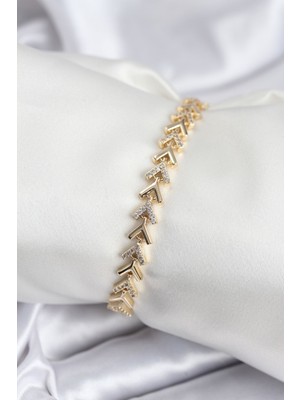 Twin Store Pirinç Vip Seri Gold Zirkon Taşlı Balık Sırtı Model Kadın Bileklik