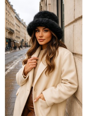 Yake Store  Peluş Ayarlanabilir Vizon Bucket Kalpak Şapka-Bere SPK1142 - Siyah