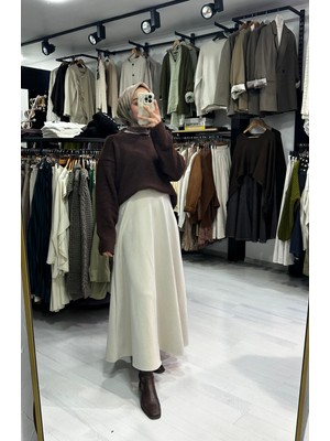 Muennesofi Ekru Süet Kloş Etek