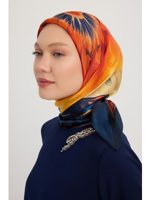 Schaless Güneş Çiçeği - Lacivert - Aurora Desenli Janjan Eşarp - 90X90 cm