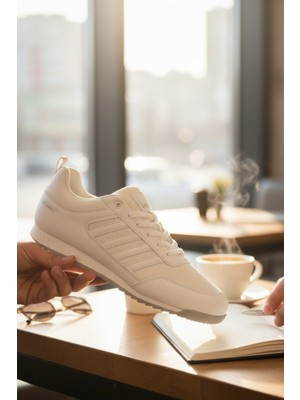 Enoch Erkek Beyaz Düz Taban File Panelli Yatay Şeritli Günlük Spor Ayakkabı Sneaker
