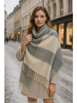 Yake Store  Yumuşak Dokulu Beyaz Püsküllü Kalın Şal - Sıcak Tutan Çok Amaçlı Aksesuar, Günlük ve Özel ! SAL1257 - Ekru