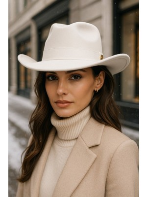 Yake Store  Kadın Siyah Kenarı Kıvrık Kovboy Kaşe Panama Şapka SPK1149 - Beyaz