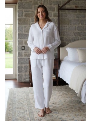 Nap Kadın Beyaz Gömlek Yaka Pijama Takımı - Düğmeli, Rahat Kesim