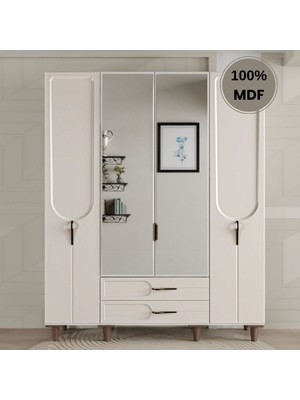 Comiet Asya Ayaklı Tasarım Aynalı 4 Kapak Mdf Gardırop