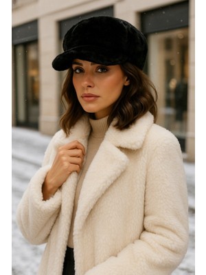 Yake Store  Ekru Kalın Tüylü Kışlık Şapka Sıcak Tutan Pofuduk Kürk Dokulu Aksesuar SPK1128 - Siyah