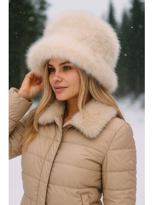 Yake Store  Peluş Ayarlanabilir Vizon Bucket Kalpak Şapka-Bere SPK1142 - Bej