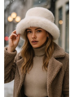 Yake Store  Bordo Kalın Peluş Kalpak Şapka Bere - Sıcak Tutan Şık Dış Mekan Soğuktan Koruma SPK1143 - Bej