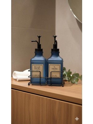 Metal Stantlı 2'li Soft Cam Sabunluk ve Deterjanlık 300 ml  Mavi