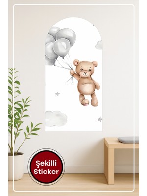 KOSS Dijital Oval Şekilli Balonlu Sevimli Yavru Ayı Desenli Dekoratif Duvar Sticker Ev Ofis Çocuk Odası