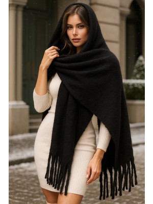 Yake Store  Siyah Kalın Püsküllü Şal – Yumuşak ve Geniş Yapı, Soğuk Hava Için Ideal SAL1257 - Siyah