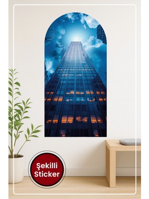 KOSS Dijital Oval Şekilli Gökdelen ve Gökyüzü Sticker Şehir Manzaralı Dekoratif Duvar Sticker